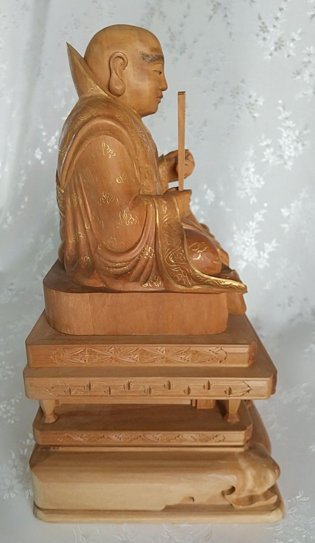 日蓮聖人坐像 3.5寸 #072 金彩有り ◆白檀 木彫 仏像