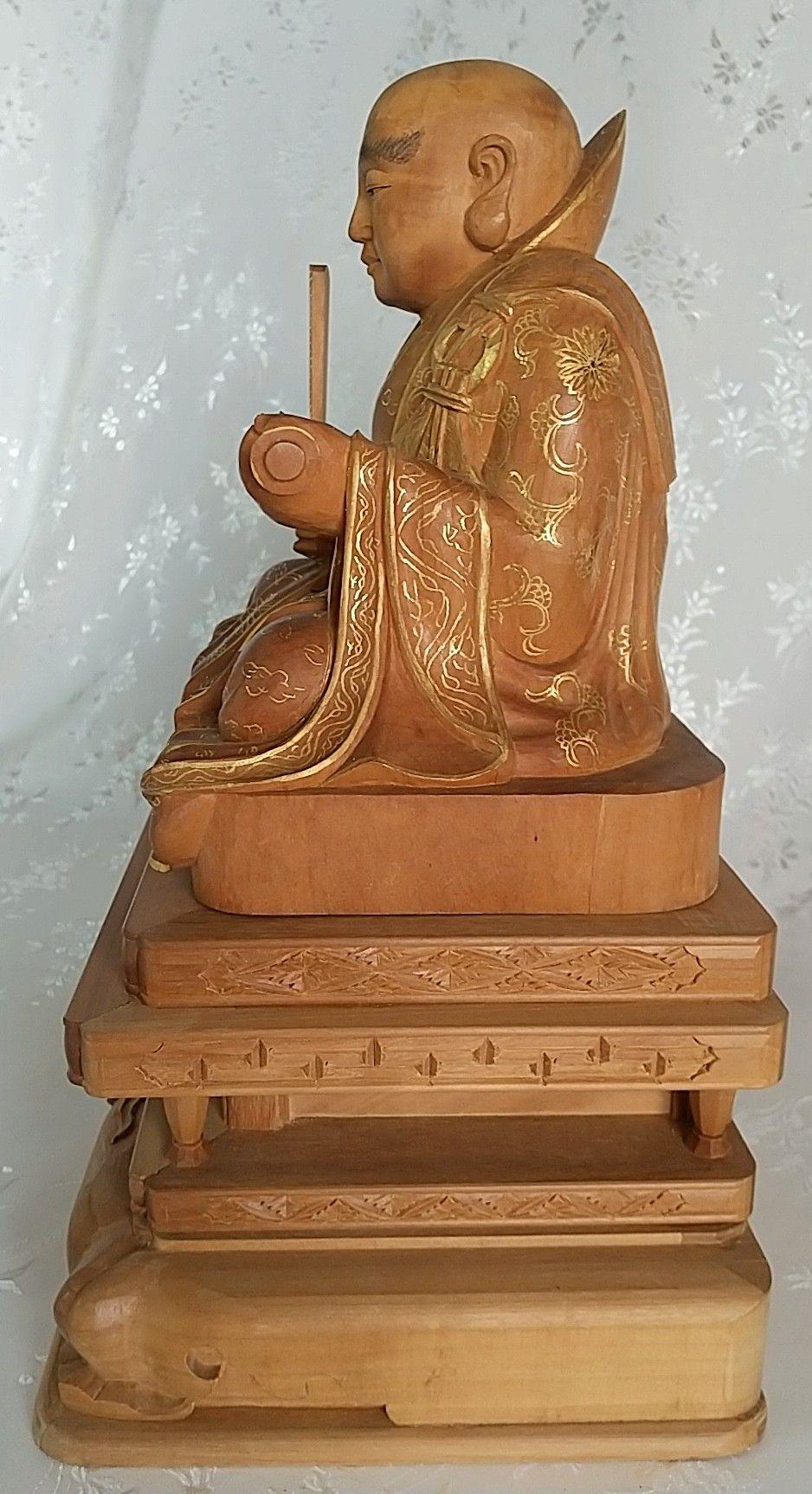 日蓮聖人坐像 3.5寸 #072 金彩有り ◆白檀 木彫 仏像
