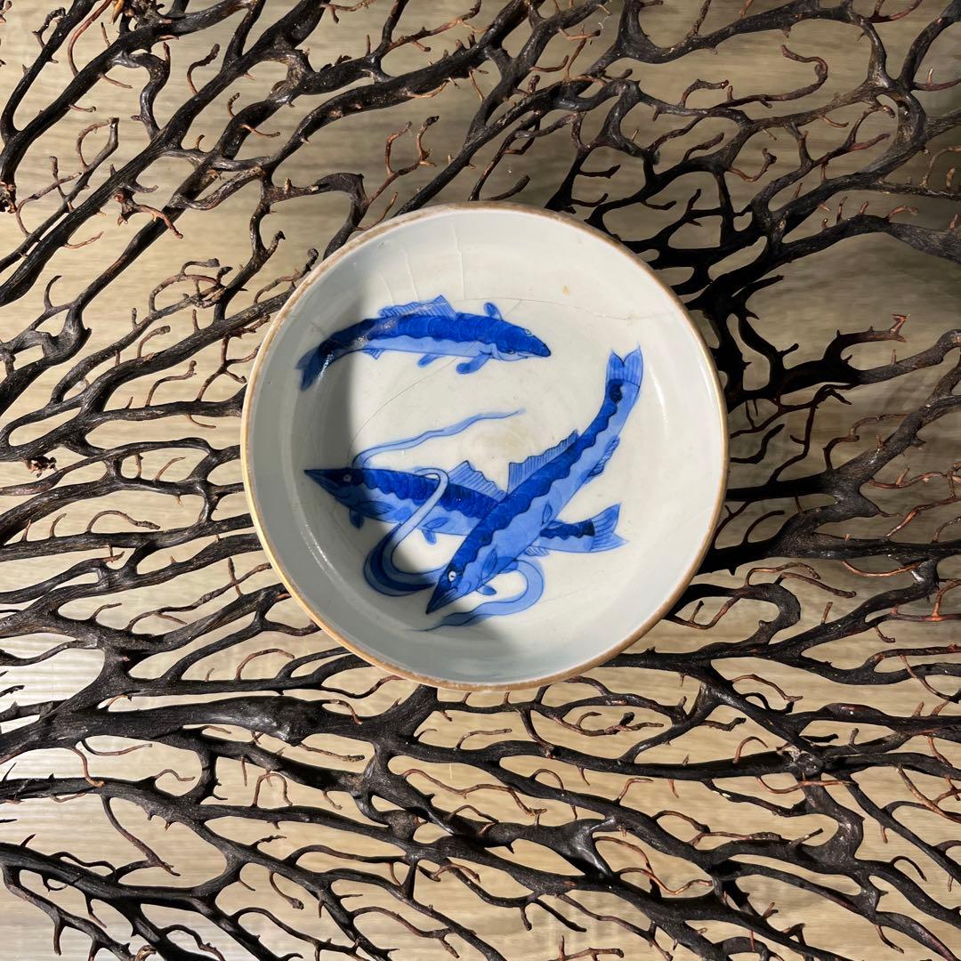 骨董　古伊万里　九谷　古染付　希少　鮎　遊魚　図案　豆皿　※難あり、参考品用