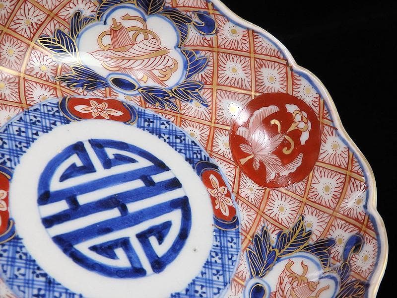 古伊万里　金襴手　菊花四方襷紋に吉祥紋の図　膾皿　３客　D960AS-BVl