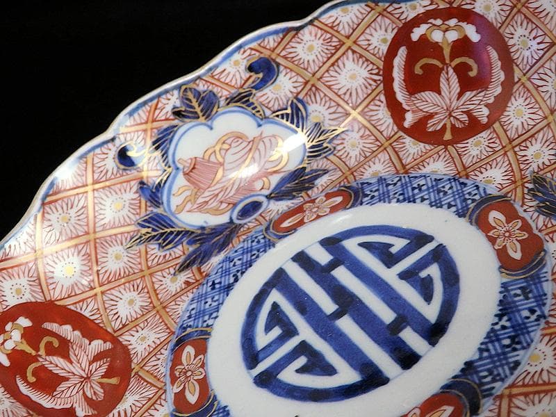 古伊万里　金襴手　菊花四方襷紋に吉祥紋の図　膾皿　３客　D960AS-BVl