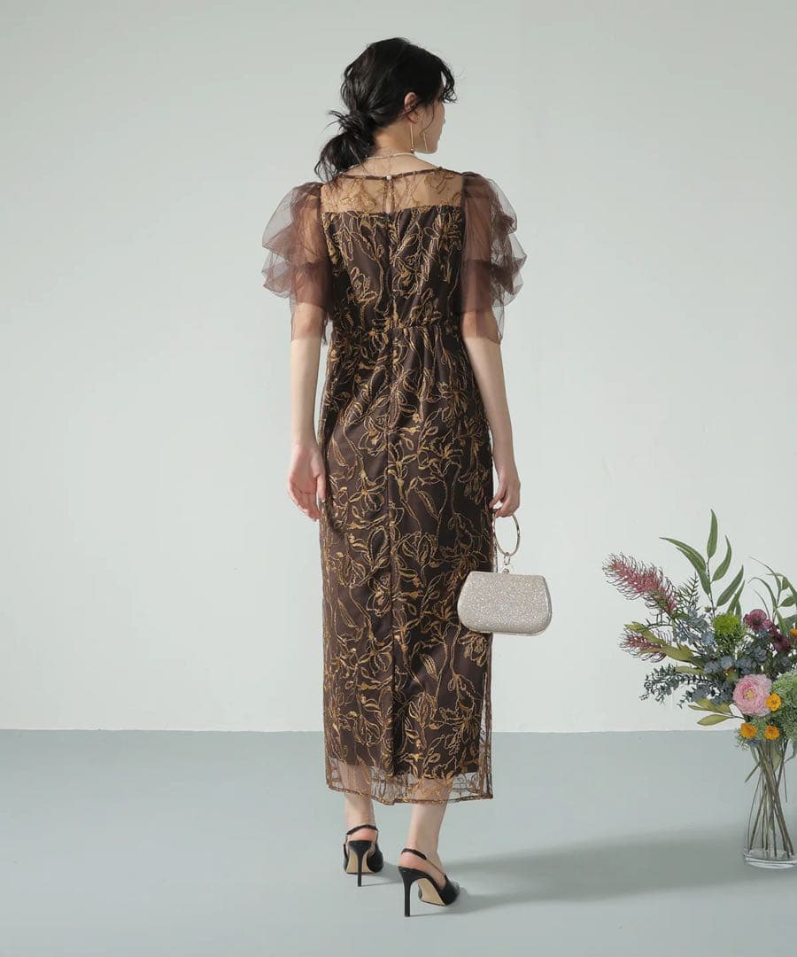 【kana】 刺繍レース チュールスリーブ パーティードレス