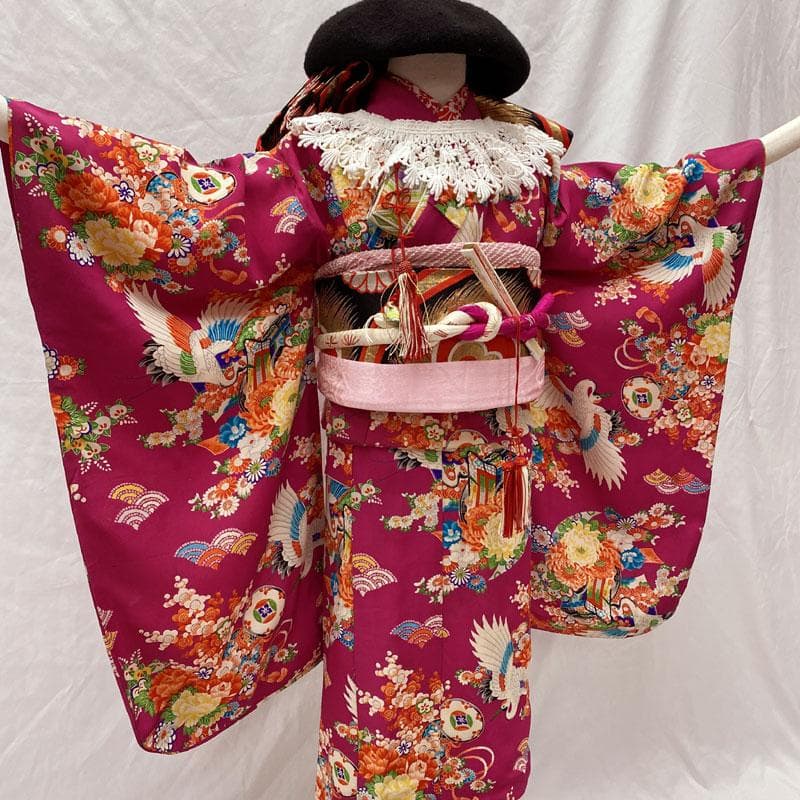 510ag23◎七五三 七歳 女児 アンティーク着物&丸帯 総柄 はまなす色◎