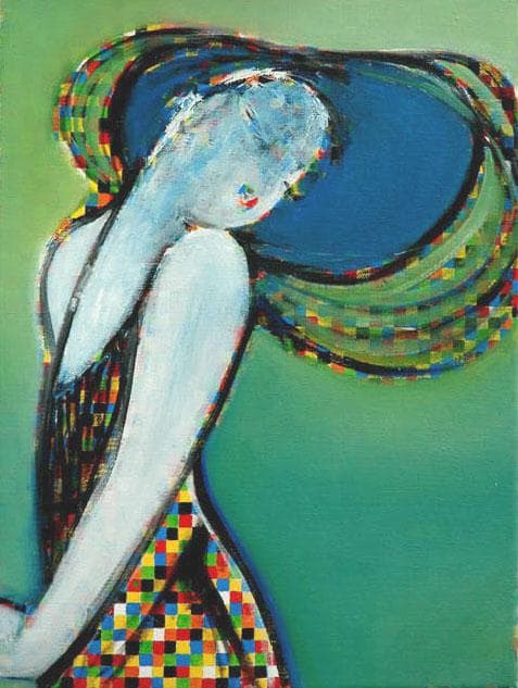 油絵 菅家令子 絵 絵画インテリア額付(青緑＋金色の枠)uF6-083511女性