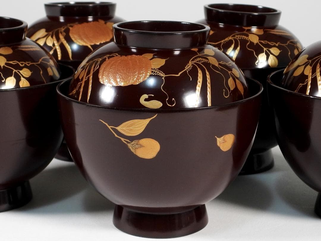 金蒔絵 木製 漆器 輪島金沢能登 汁椀蓋碗5客セット 小吸物碗