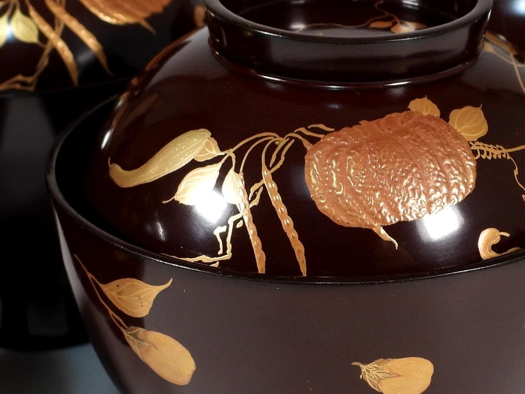 金蒔絵 木製 漆器 輪島金沢能登 汁椀蓋碗5客セット 小吸物碗