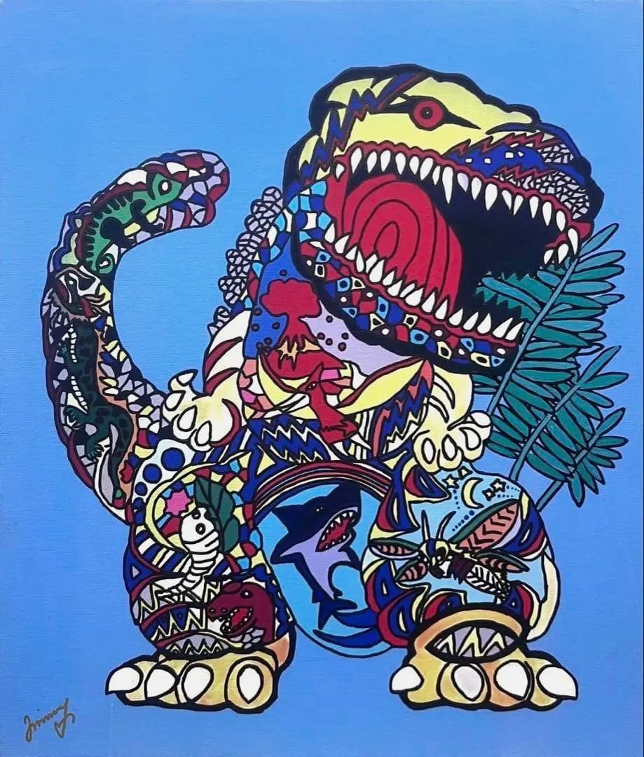 【F10号】ジミー大西【ゴジラ】手描き/表裏サイン有り/油彩/アクリル/絵画/額