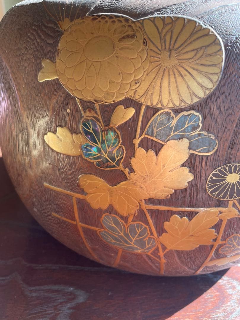 美品　時代　桐火鉢　秋草蒔絵 火鉢　螺鈿入り　茶道具　骨董品　木製火鉢　100年
