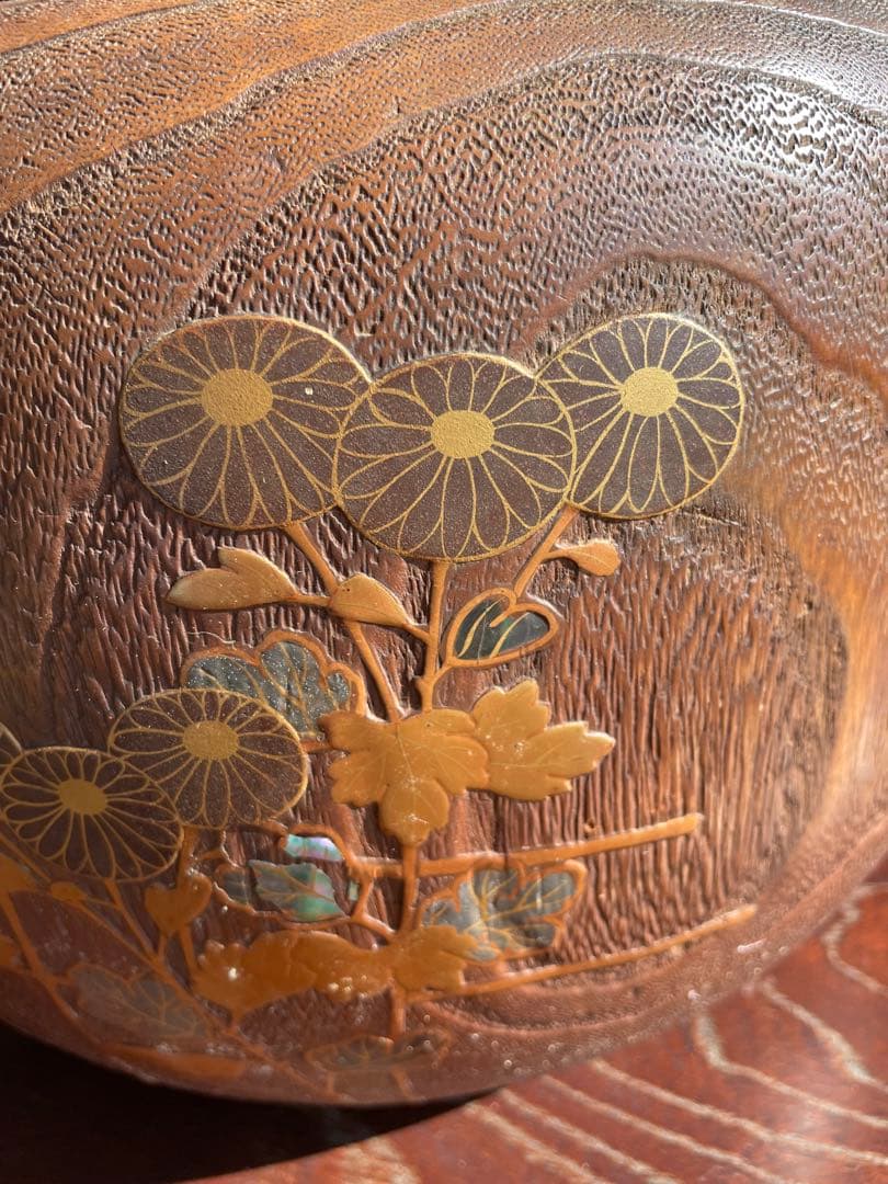 美品　時代　桐火鉢　秋草蒔絵 火鉢　螺鈿入り　茶道具　骨董品　木製火鉢　100年