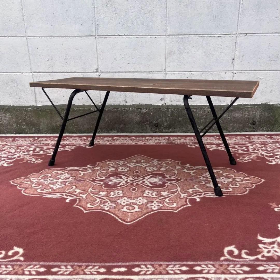古家具アンティーク◾️鉄脚アイアン×木製無垢材 一枚板天板 折り畳みテーブル 机