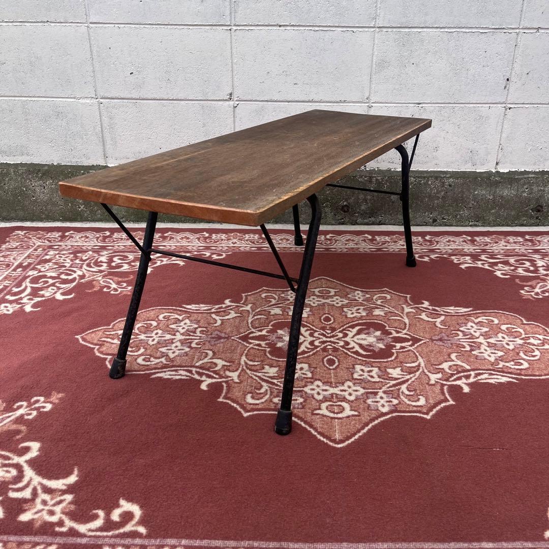 古家具アンティーク◾️鉄脚アイアン×木製無垢材 一枚板天板 折り畳みテーブル 机