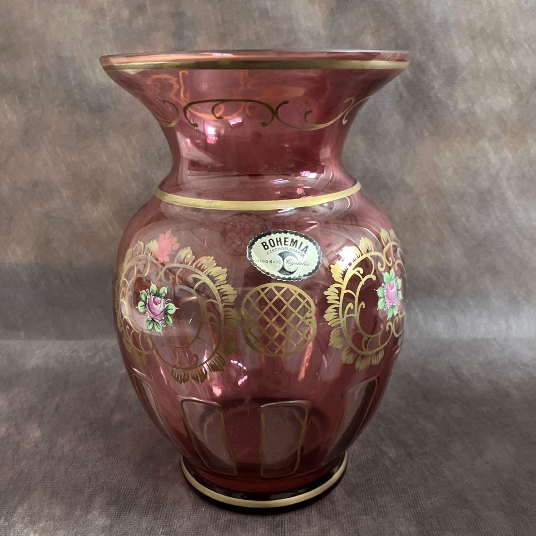 ボヘミアガラス花瓶21cm アンティーク品29049