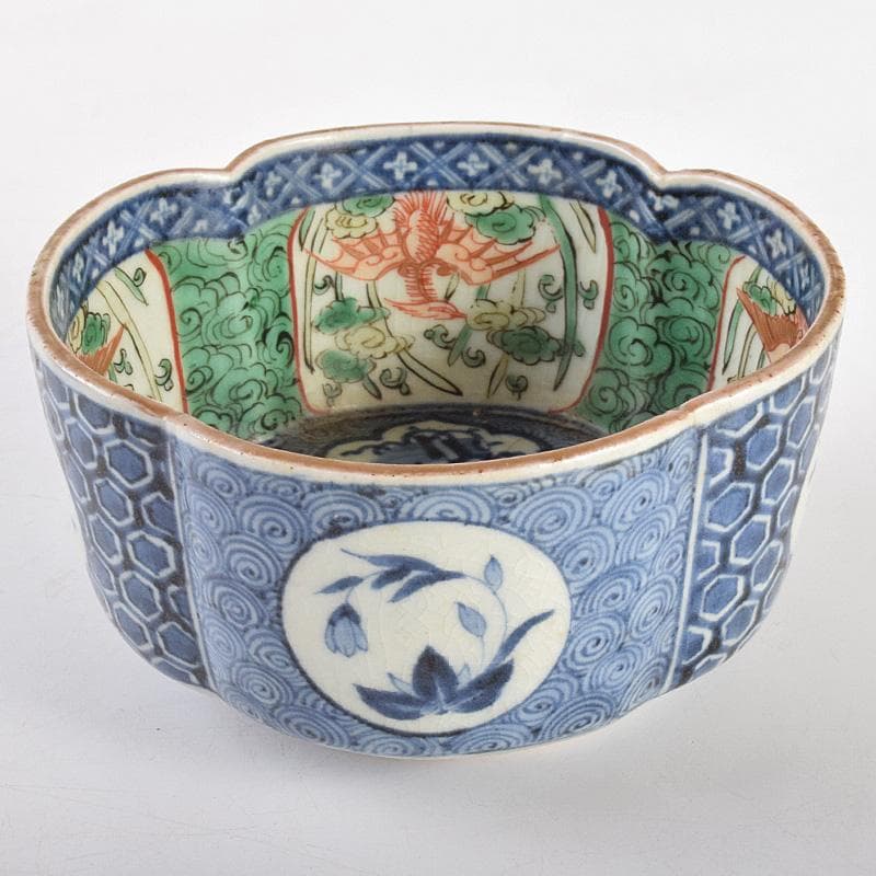 九谷焼　大聖寺伊万里　奇玉宝鼎之珍　色絵　木瓜形菓子鉢　時代箱付　V　R5037