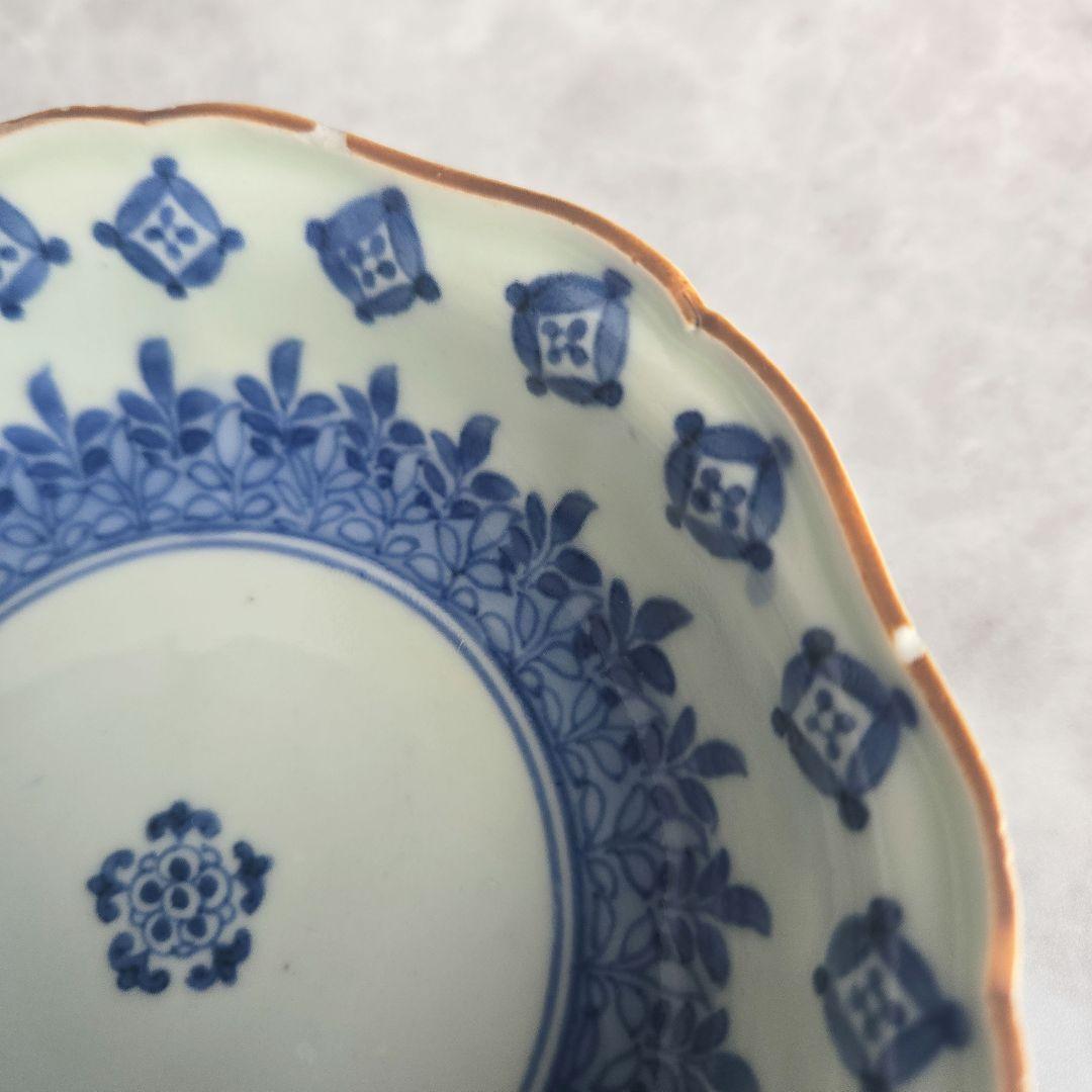 古伊万里　染付　深皿　七宝文　五葉若葉　金継ぎ　江戸　金直し　アンティーク　骨董