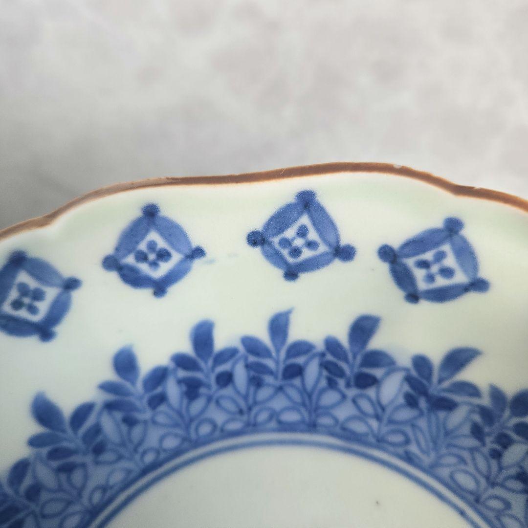 古伊万里　染付　深皿　七宝文　五葉若葉　金継ぎ　江戸　金直し　アンティーク　骨董