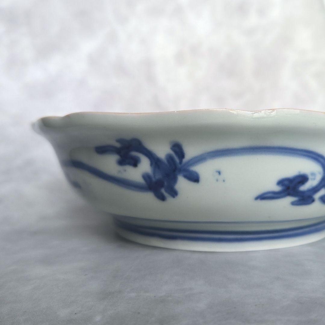 古伊万里　染付　深皿　七宝文　五葉若葉　金継ぎ　江戸　金直し　アンティーク　骨董