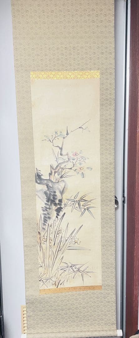竹と花の水墨画 掛軸12–03