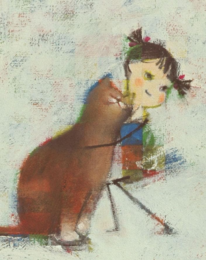 油絵 菅家令子 絵 絵画インテリア F4-072419 可愛い子猫と子犬と女の子