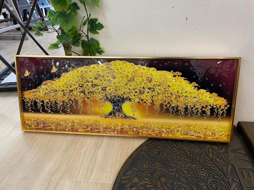 【アウトレット】水晶絵　アートパネル　金のなる木　金運　絵画　アート　ゴールド