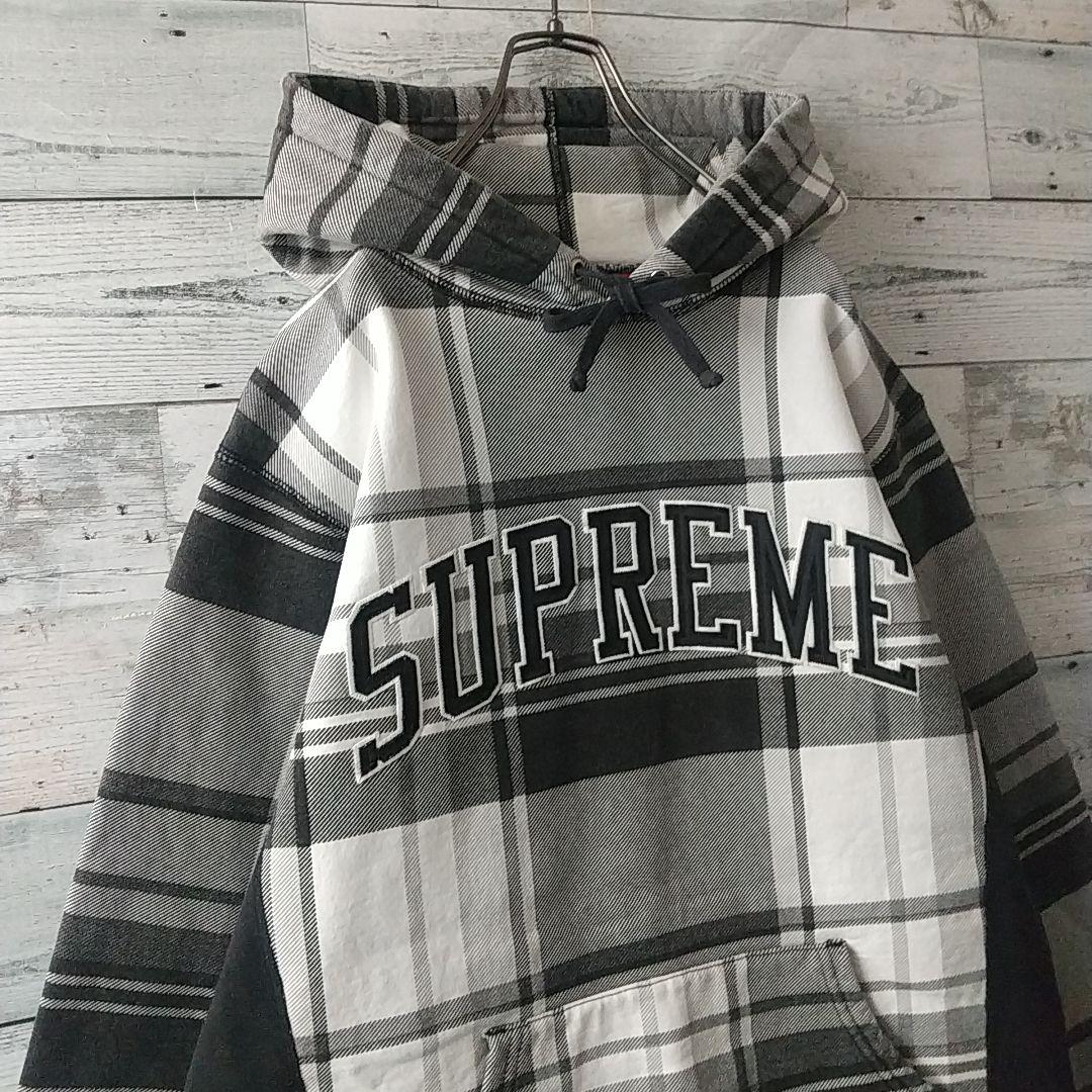 人気デザイン☆シュプリーム 刺繍 アーチロゴ チェック柄 パーカー M