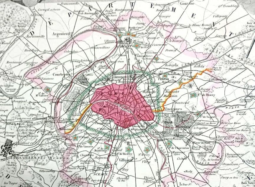 額装品　西洋古地図　1856年　 Levasseur 「パリ全図」美品