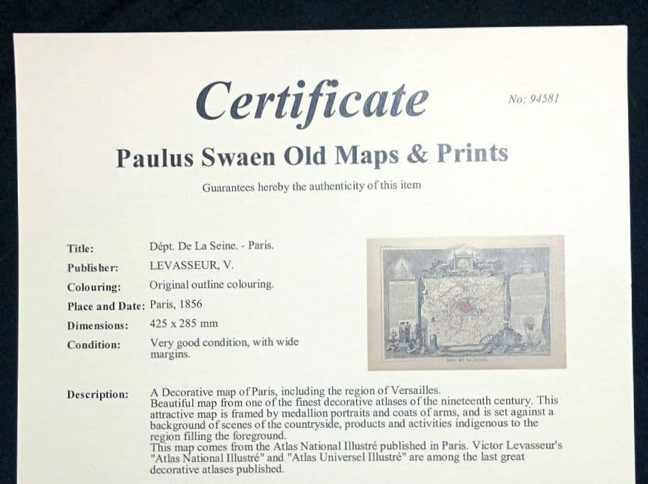 額装品　西洋古地図　1856年　 Levasseur 「パリ全図」美品