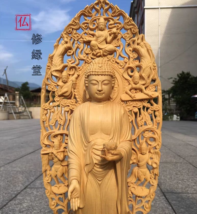 【修縁堂】古美術品 木工細工 西方三聖 仏像立像 置物 木彫 仏像