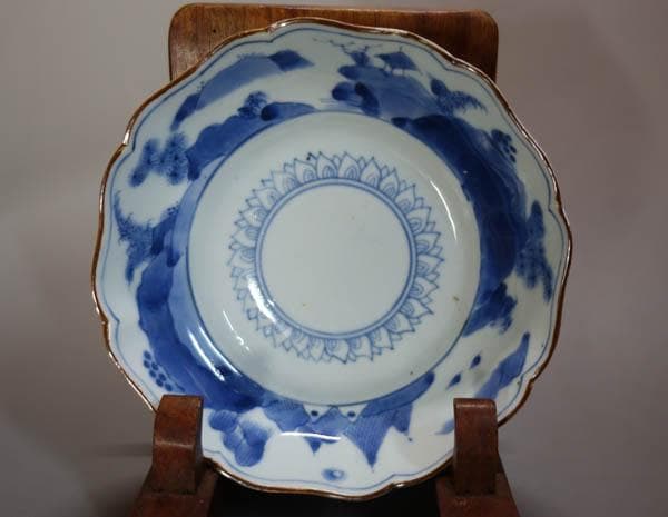 古伊万里　染付　花唐草　五弁花　膾皿 中皿　藍柿右衛門　江戸中期　輪花 2144