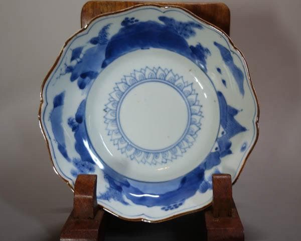 古伊万里　染付　花唐草　五弁花　膾皿 中皿　藍柿右衛門　江戸中期　輪花 2144