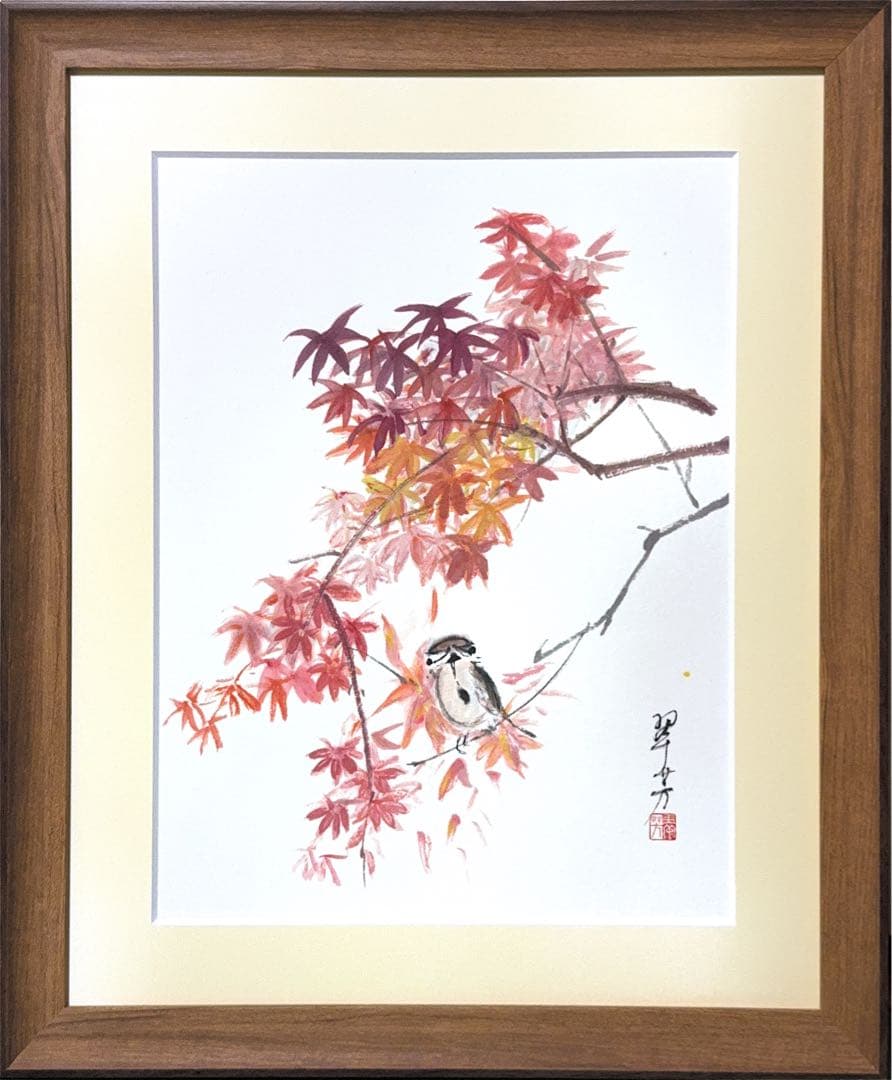 【古口翠芳/Suihou Koguchi】墨彩画　紅葉と雀　木製額縁付き