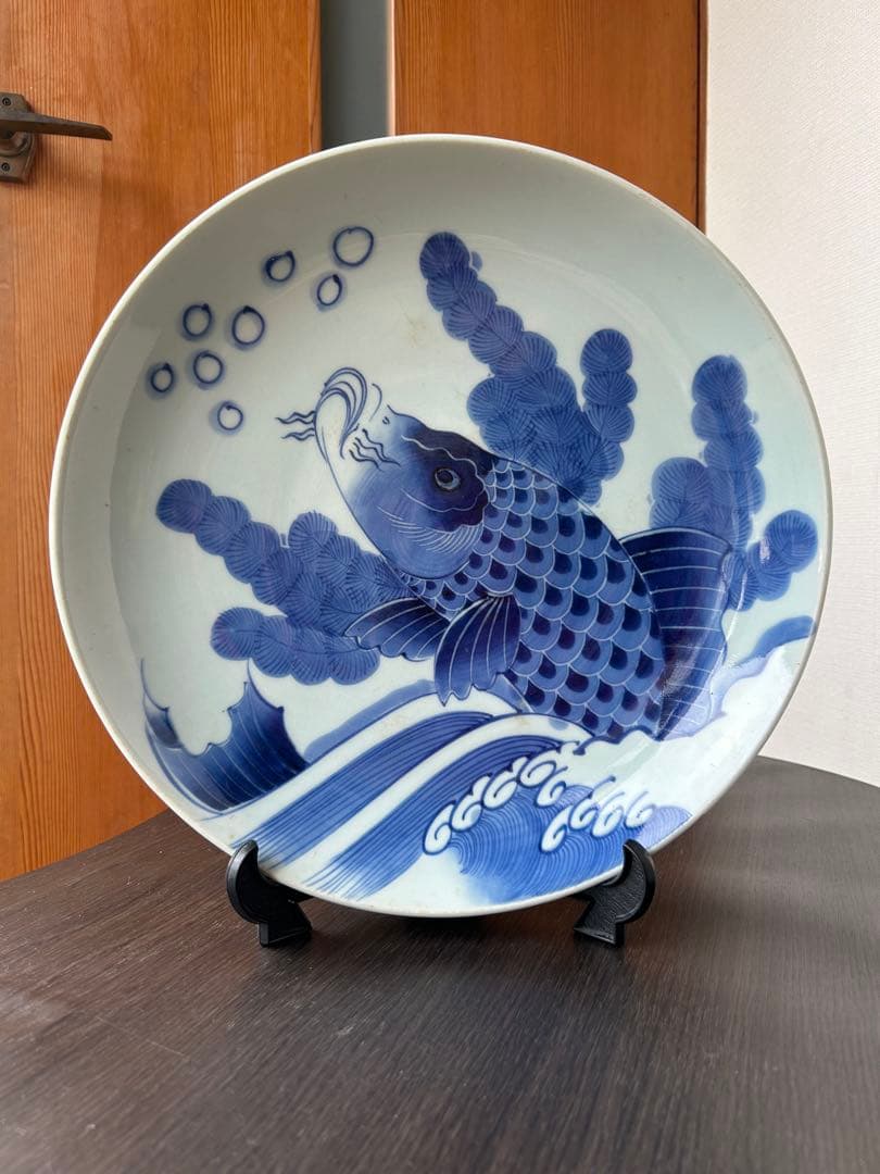 伊万里 染付 青絵 登り鯉 魚藻文 江戸後期 出世 大皿 飾り皿 絵皿 骨董品