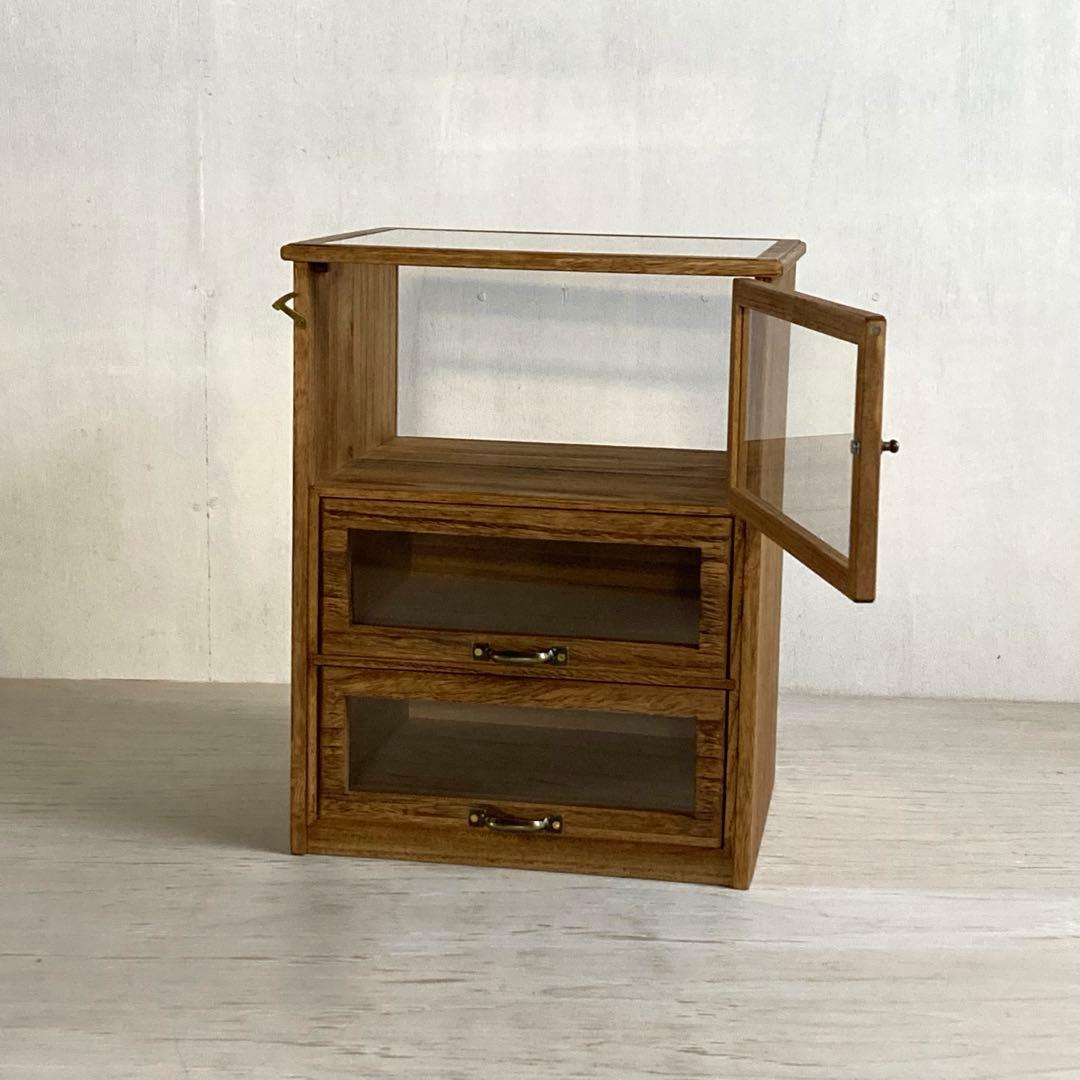 古い木製ガラスケース 引き出し付き 卓上 ショーケース 小物入れ 糸ケース
