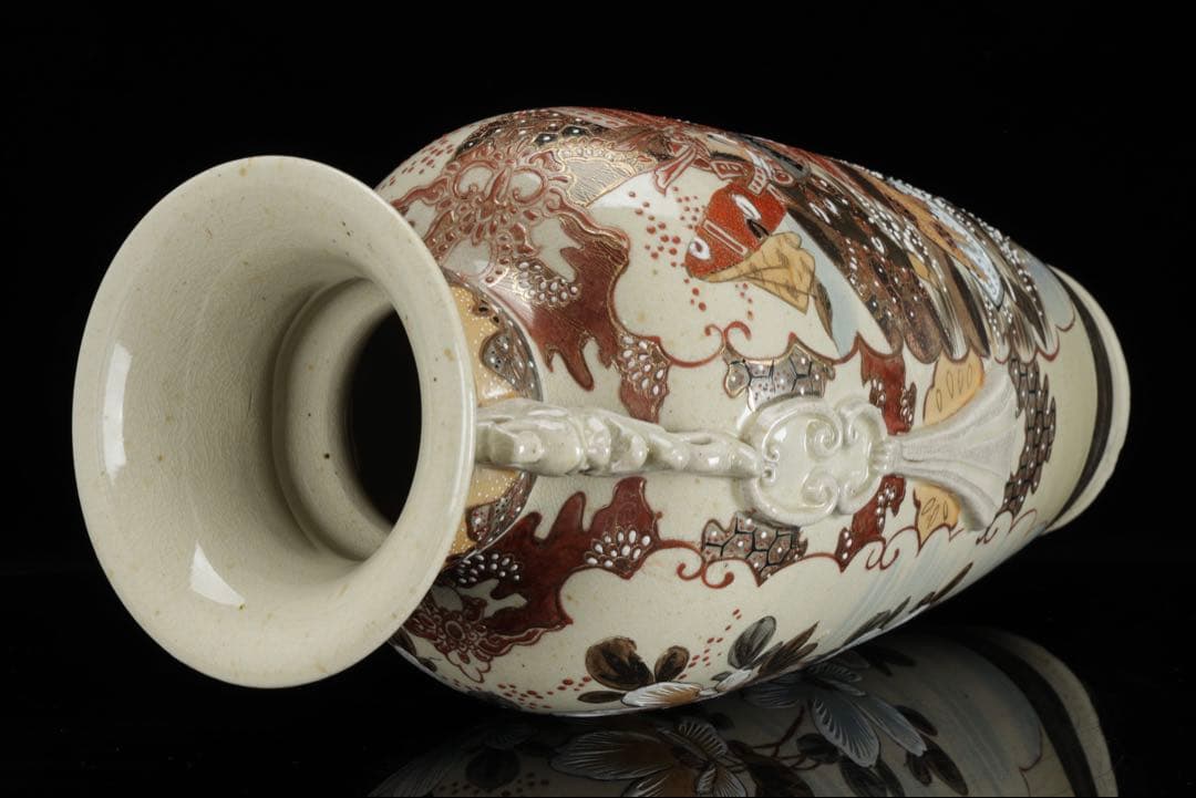 薩摩焼 金襴手色絵耳付武者図花瓶 共箱付 36.5㎝ 花器 飾壺 古美術 骨董品