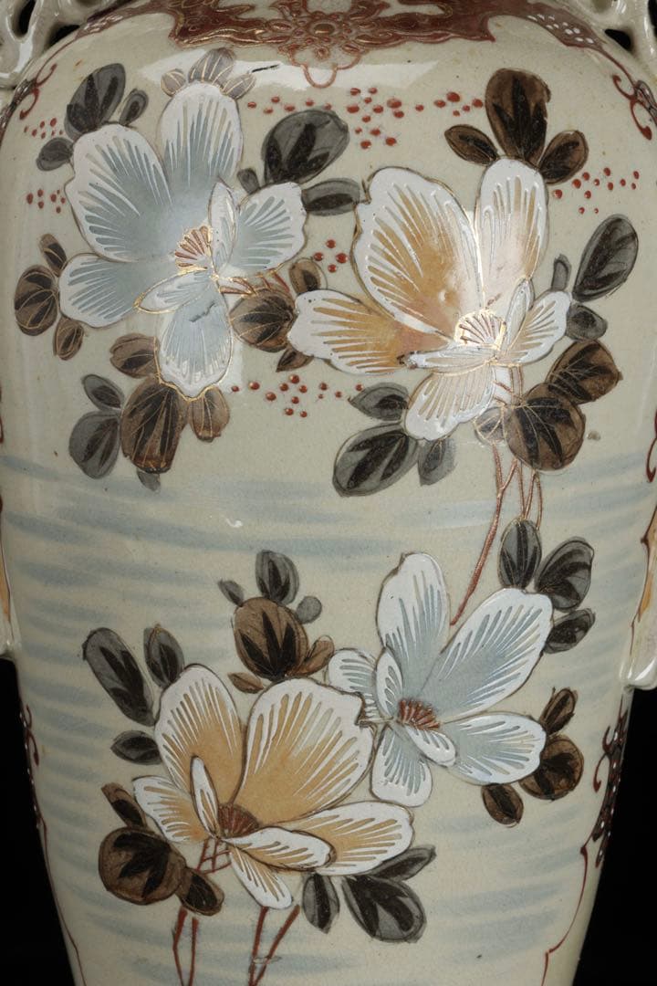 薩摩焼 金襴手色絵耳付武者図花瓶 共箱付 36.5㎝ 花器 飾壺 古美術 骨董品