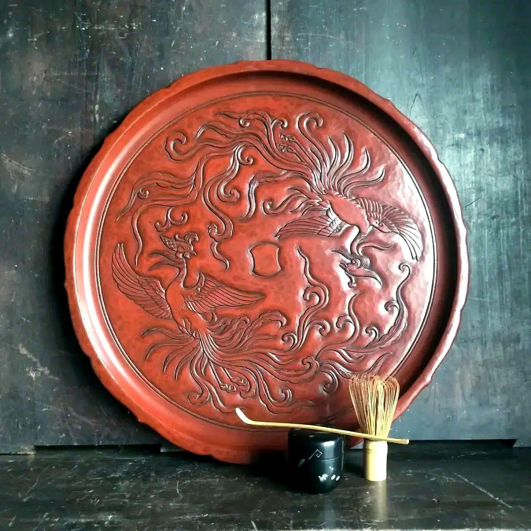 最高級 鎌倉彫　48㎝ 超大型 15寸 博古堂　鳳凰・古鏡モチーフ　丸盆・丸皿