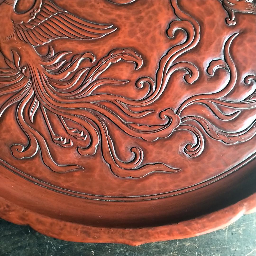 最高級 鎌倉彫　48㎝ 超大型 15寸 博古堂　鳳凰・古鏡モチーフ　丸盆・丸皿