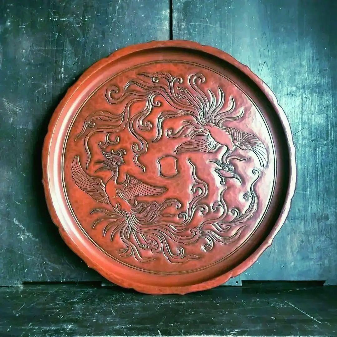 最高級 鎌倉彫　48㎝ 超大型 15寸 博古堂　鳳凰・古鏡モチーフ　丸盆・丸皿