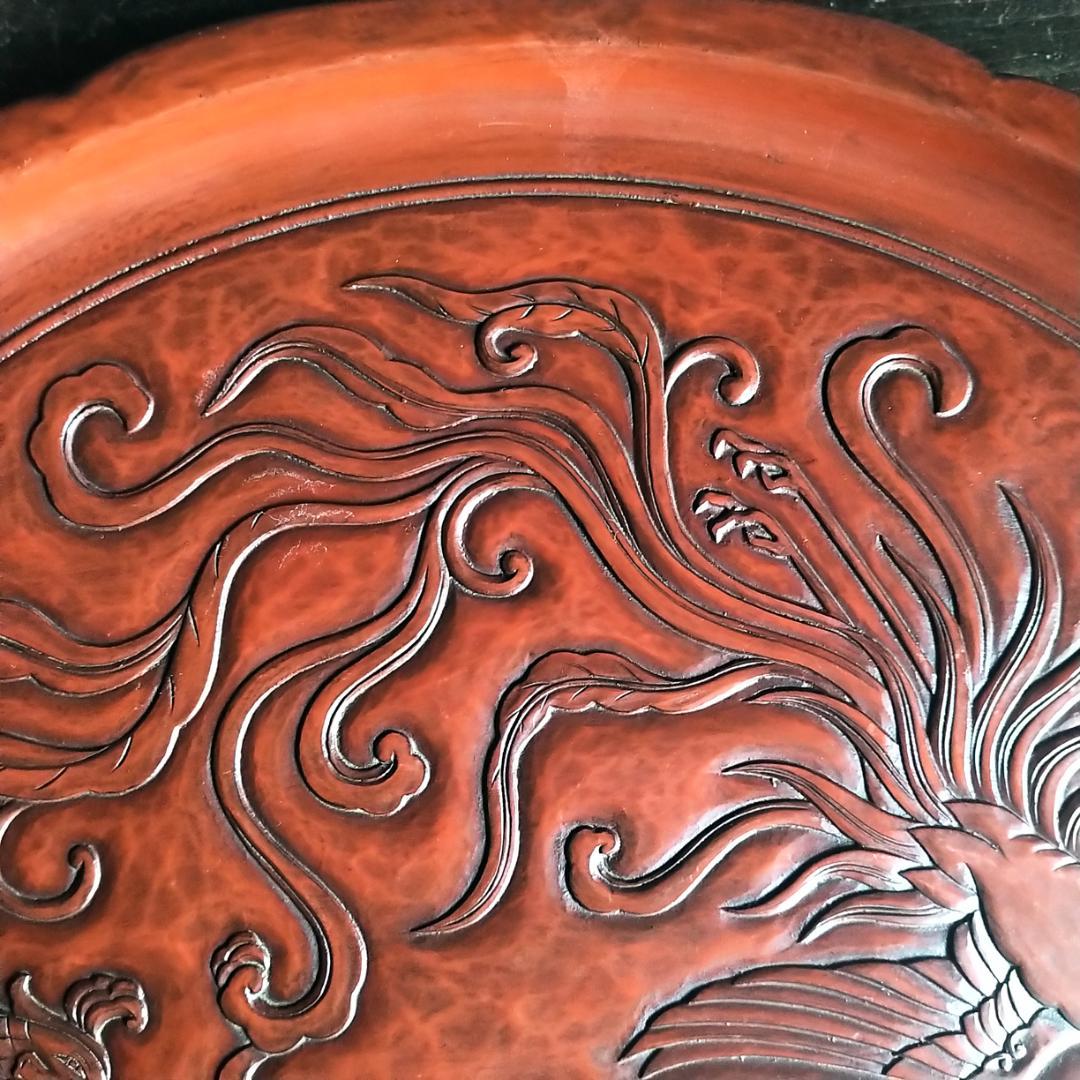 最高級 鎌倉彫　48㎝ 超大型 15寸 博古堂　鳳凰・古鏡モチーフ　丸盆・丸皿