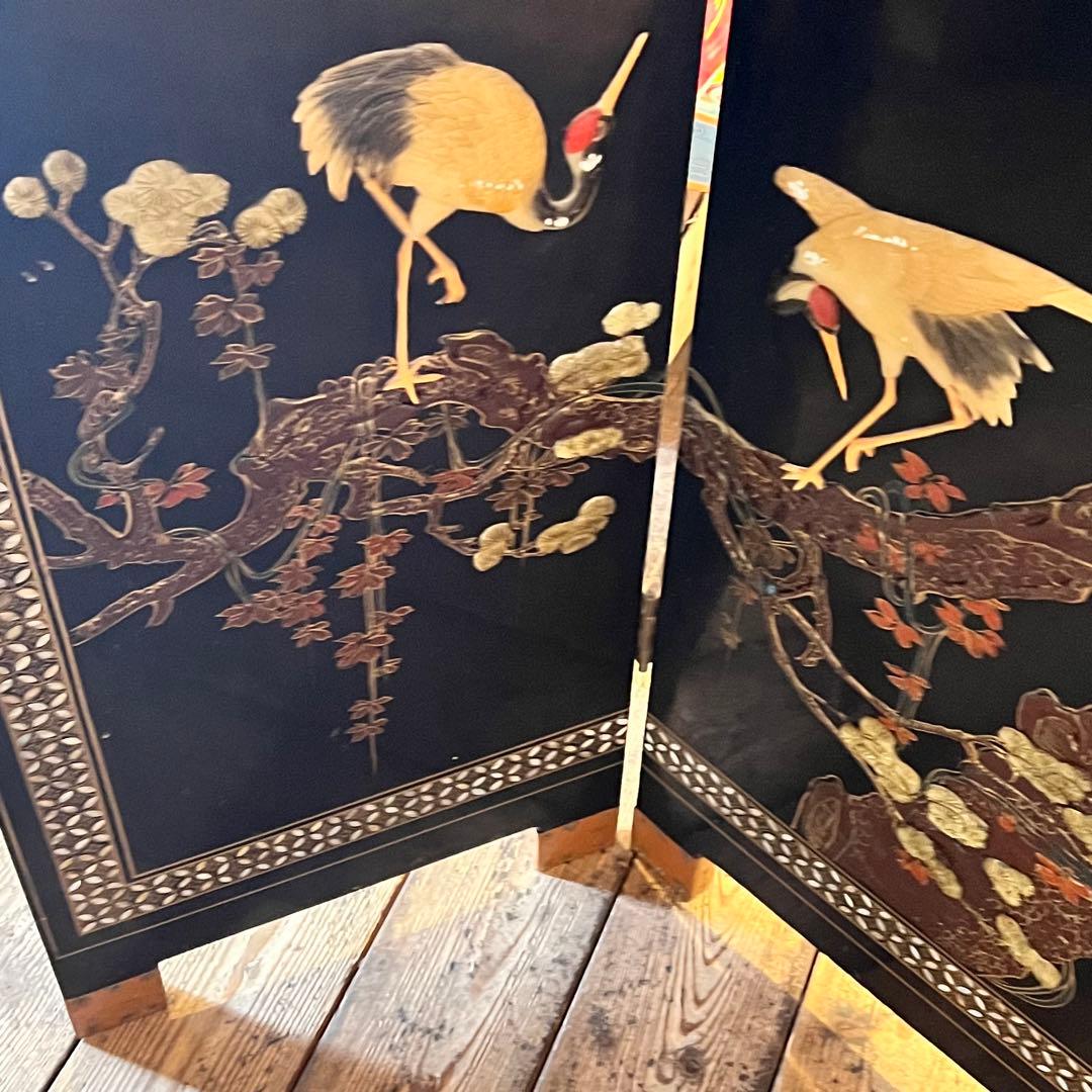 一点　中国美術 螺鈿細工 鶴　年代物　パーテーション 飛天 漆器 天水