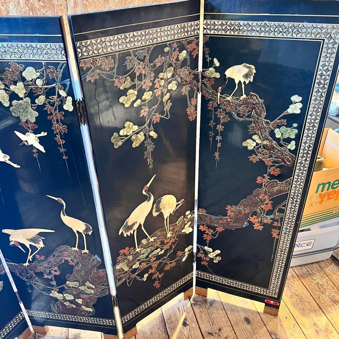 一点　中国美術 螺鈿細工 鶴　年代物　パーテーション 飛天 漆器 天水