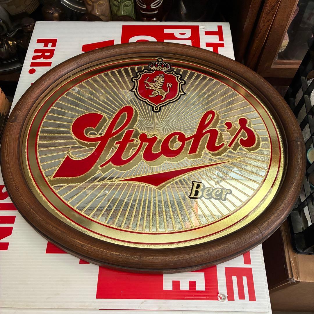 貴重！70's アメリカアンティークStroh's beer　パブミラー鏡USA