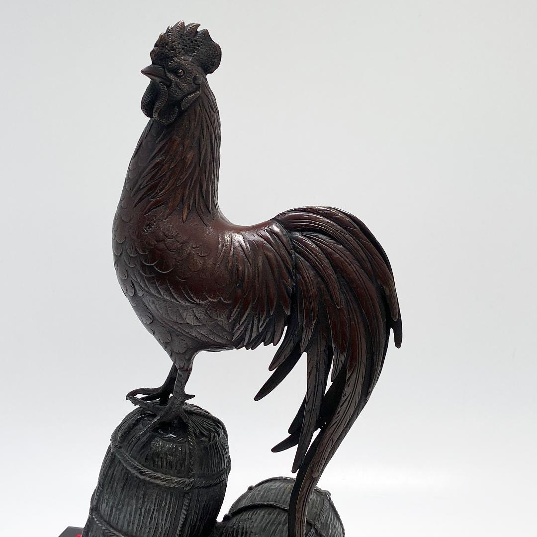 鋳金家 芳山 作 唐銅製 俵鶏置物 オブジェ 銅像 ブロンズ像