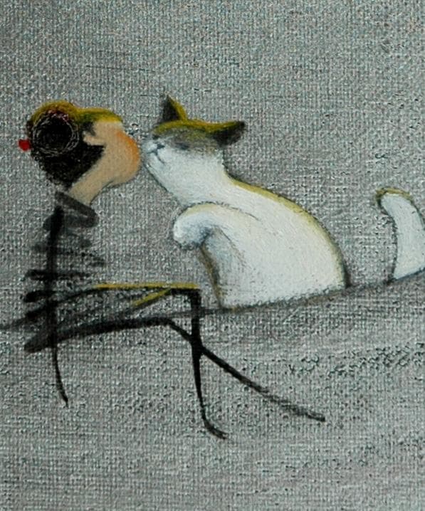 油絵 菅家令子 絵 絵画 インテリア額付(銀) F3-031019 子猫と女の子