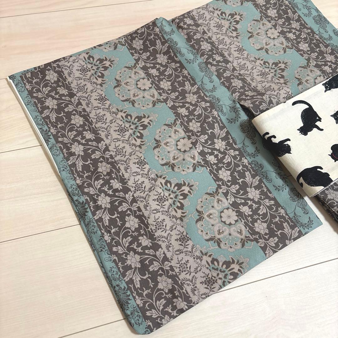 洗える着物 袷着物単品 「縞更紗　水色」 KIMONOMACHI オリジナル