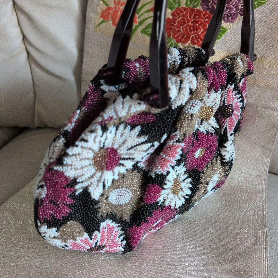 ビーズ和装バック　刺繍花　超美品