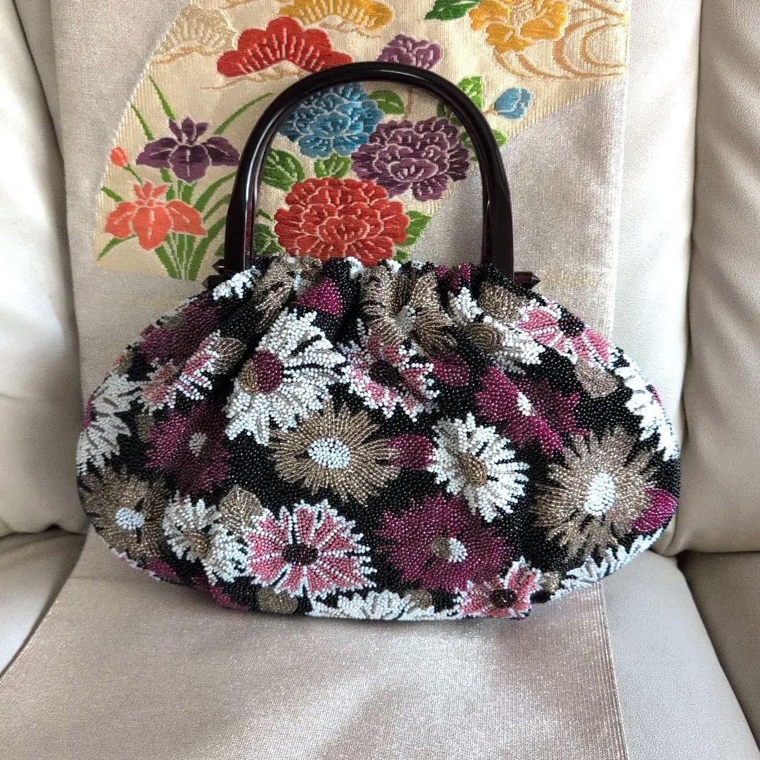 ビーズ和装バック　刺繍花　超美品
