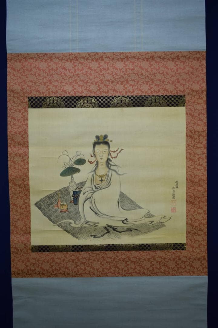 真作/麒鳳庵/梅戸在貞/梅戸春英/観音図/布袋屋掛軸HG-444