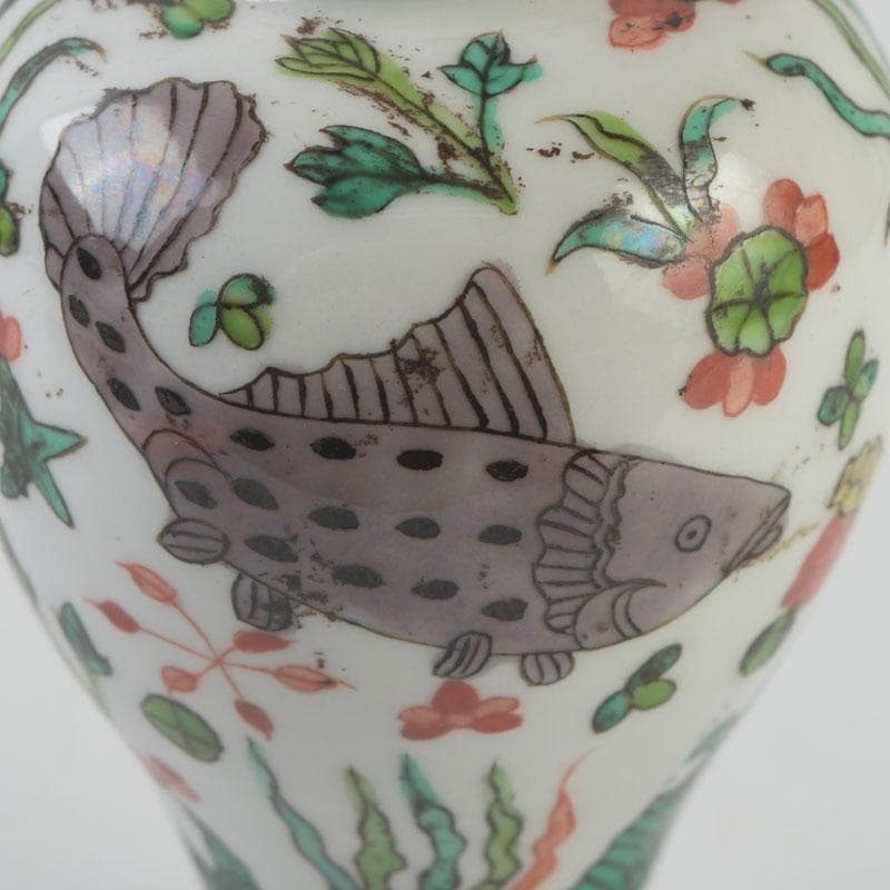 中国　大明嘉靖年製　赤絵　魚藻文　蓋壷　Z　8620