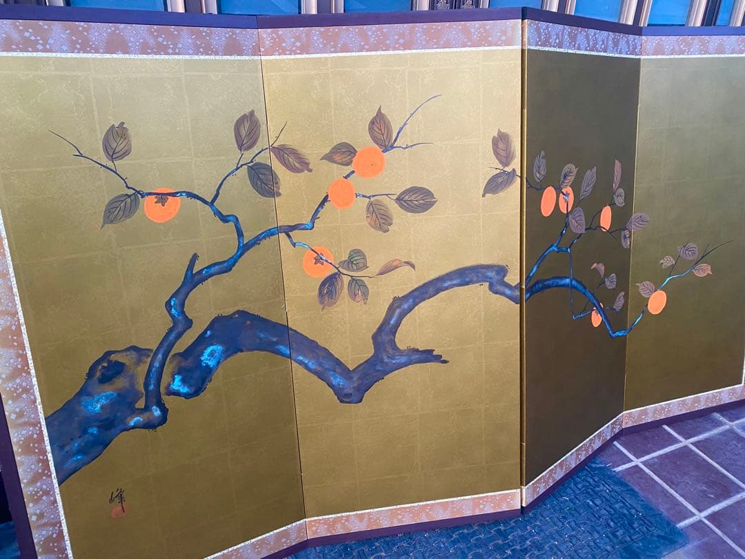 日本画 橙色の果実の屏風 160cm