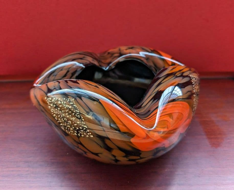 【箔入り】吹きガラス 灰皿 一点物 金箔 昭和レトロ インテリア 花生 オレンジ